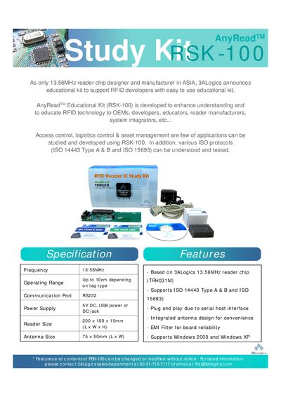 3ALogics RSK-100 AnyRead™ Educational Kit Product Leaflet - cover page