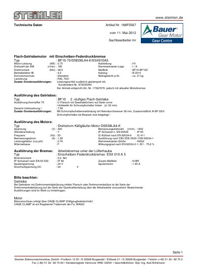 Bauer BF10-75/DSE08LA4-K/ESX010A5 Gear Motor Technical Data - cover page