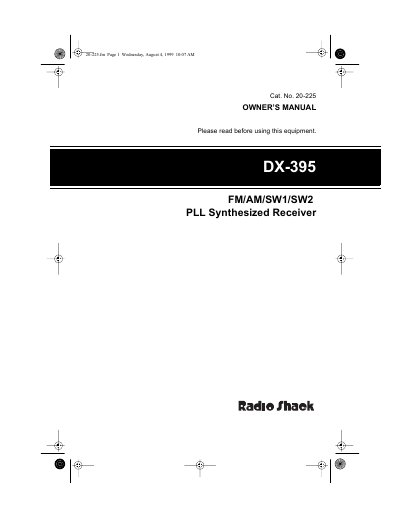 Radio Shack DX-395 FM/AM/SW1/SW2 PLL Synthesized Receiver Owner's Manual - cover page