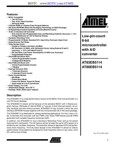 Atmel AT89EB5114 Microcontroller Datasheet - cover page