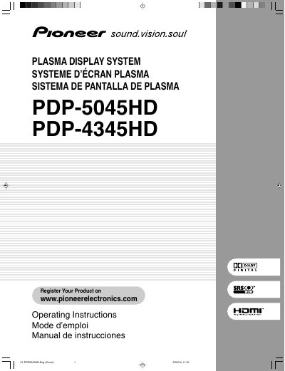Pioneer PDP-5045HD/PDP-4345HD Plasma Display System Operating Instructions - cover page