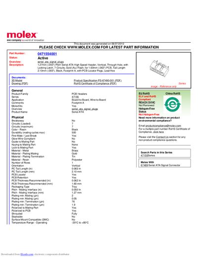 Molex 0471554001 Serial ATA Signal Plug Product Specification - cover page