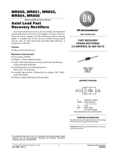 ON Semiconductor MR850/MR851/MR852/MR854/MR856 Axial Lead Fast Recovery Rectifiers Datasheet - cover page