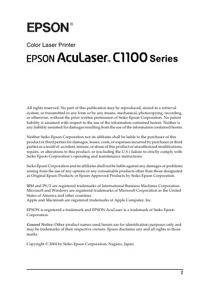 Epson C1100 Color Laser Printer User Manual - cover page