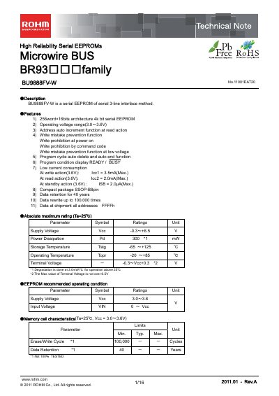 ROHM BU9888FV-W Serial EEPROM Datasheet - cover page