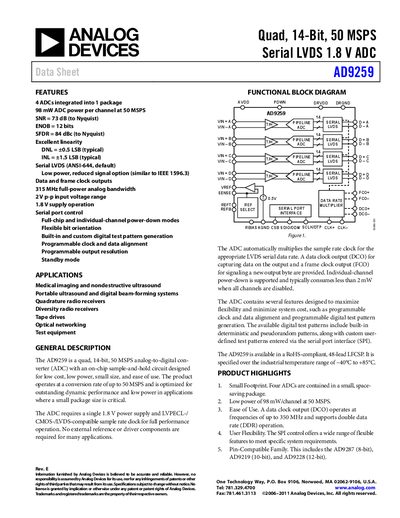 Analog Devices AD9259 14‑Bit 50 MSPS ADC Datasheet Rev E