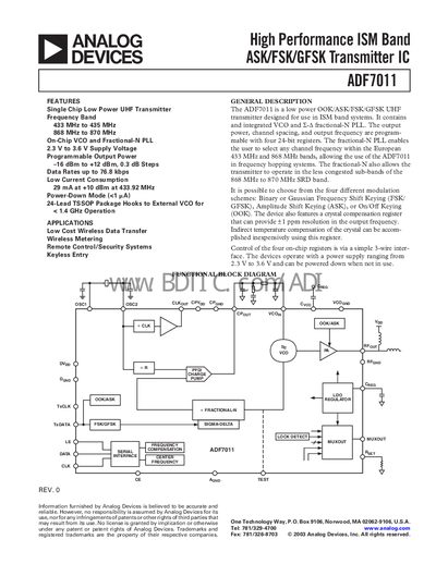 Analog Devices ADF7011 Datasheet - cover page