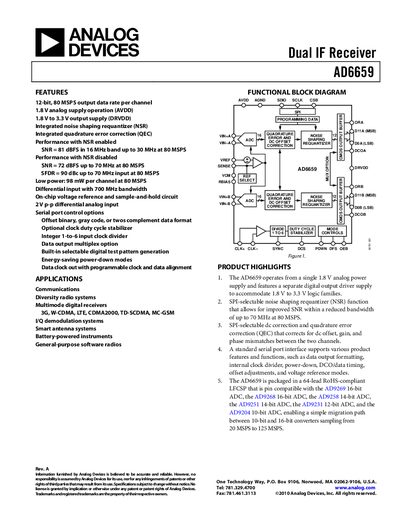 Analog Devices AD6659 Dual IF Receiver Datasheet - cover page