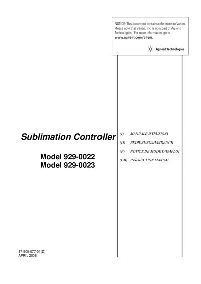 Agilent Technologies Sublimation Controller Model 929-0022/929-0023 Instruction Manual - cover page