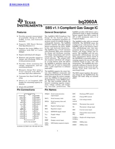 Texas Instruments bq2060A SBS-Compliant Gas Gauge IC Datasheet - cover page