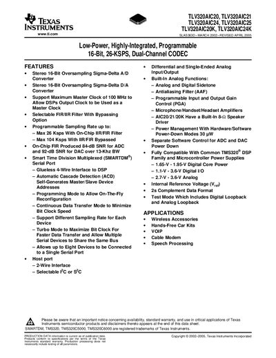 TEXAS INSTRUMENTS TLV320AIC20 TLV320AIC21 TLV320AIC24 TLV320AIC25 TLV320AIC20K TLV320AIC24K handbook - cover page