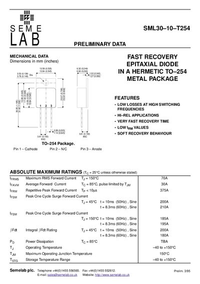 SEMA LAB SML30-10-T254 Epitaxial Diode Preliminary Data - cover page