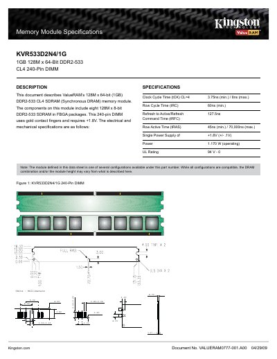 Kingston KVR533D2N4/1G Memory Module Datasheet - cover page