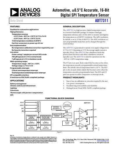 Analog Devices ADT7311 Digital Temperature Sensor Datasheet - cover page