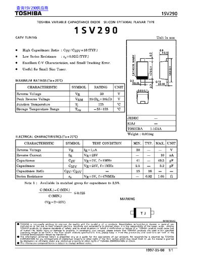 Toshiba 1SV290 Variable Capacitance Diode Datasheet - cover page