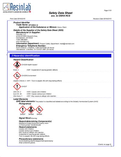 Resinlab EP1200LV A Epoxy Resin Safety Data Sheet - cover page