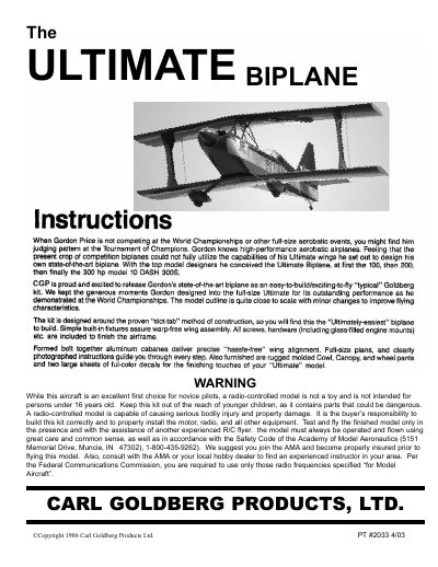 Carl Goldberg Ultimate Biplane Model 10 DASH 3008S Instructions - cover page