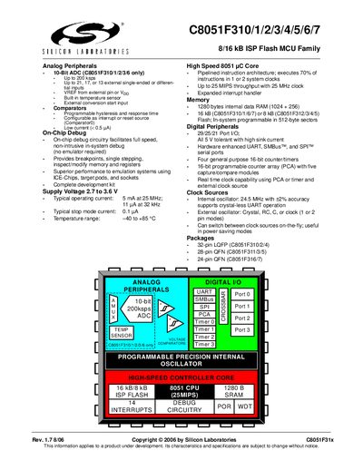 Silicon Laboratories C8051F310/1/2/3/4/5/6/7 8/16 kB ISP Flash MCU Family Handbook - cover page