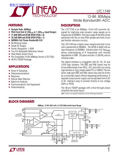 Linear Technology LTC1749 12‑Bit 80Msps ADC Datasheet - cover page