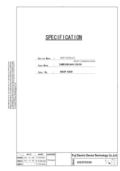 FUJI ELECTRIC - SPECIFICATION Device Name : Type Name : Spec. No. : H04-004-07b IGBT MODULE 2MBI300U4N-120-50 Manual - cover page