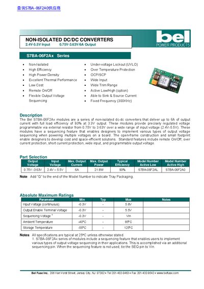 Bel Fuse S7BA-06F2Ax Series Non-Isolated DC/DC Converters Datasheet - cover page