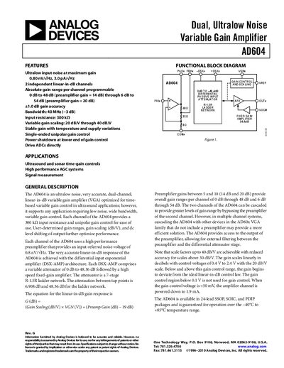 Analog Devices AD604 Variable Gain Amplifier Datasheet - cover page
