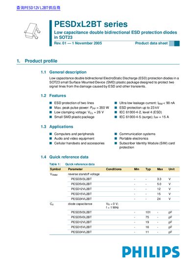 PHILIPS PESDxL2BT series Low capacitance double bidirectional ESD protection diodes in SOT23 handbook - cover page