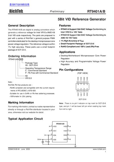 richtek RT9401A/B 1 DS9401A/B-04 June 2005 richtek.com 5Bit VID Reference Generator handbook - cover page