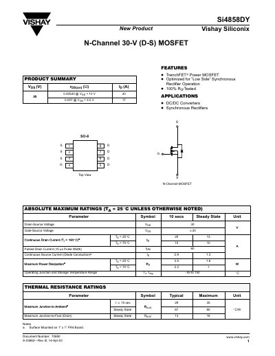 Vishay Si4858DY N-Channel MOSFET Datasheet - cover page
