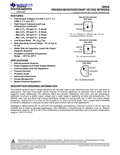 Texas Instruments LM4040 Precision Micropower Shunt Voltage Reference Datasheet