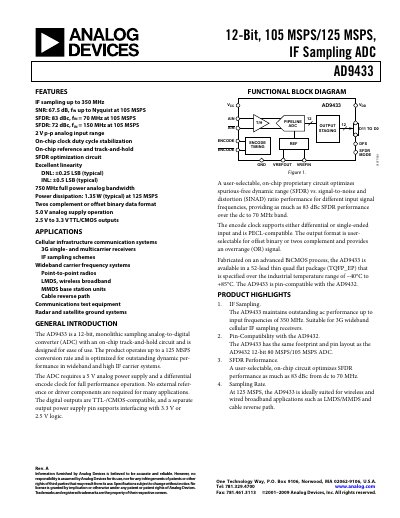 Analog Devices AD9433 12‑Bit IF Sampling ADC Datasheet - cover page