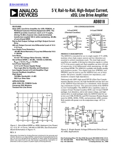 ANALOG DEVICES AD8018 5 V Rail-to-Rail High-Output Current xDSL Line Drive Amplifier handbook - cover page
