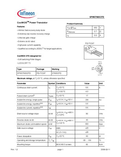 Infineon SPW07N60CFD CoolMOS Power Transistor Datasheet - cover page