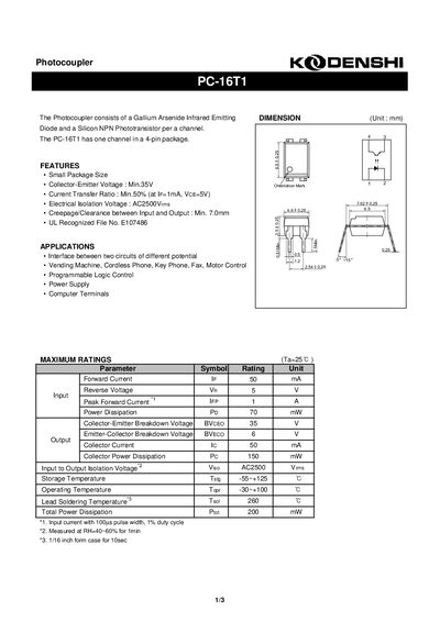 KODENSHI PC-16T1 Photocoupler Datasheet - cover page