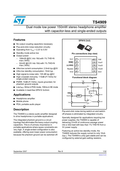 STMicroelectronics TS4909 Stereo Headphone Amplifier Datasheet