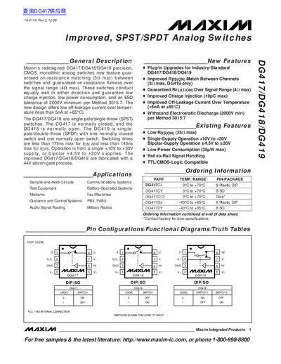 Maxim DG417/DG418/DG419 Analog Switch Datasheet - cover page