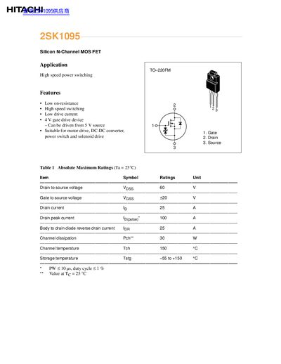 Hitachi 2SK1095 MOSFET Datasheet - cover page