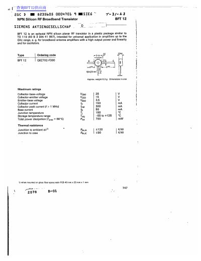 Siemens BFT 12 RF Transistor Datasheet - cover page