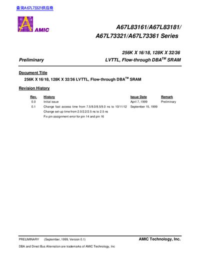 AMIC A67L83161/A67L83181/A67L73321/A67L73361 Series Preliminary Datasheet - cover page