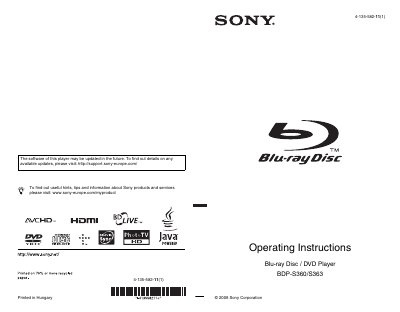 Sony BDP-S360/S363 Blu-ray Disc DVD Player Operating Instructions Manual - cover page