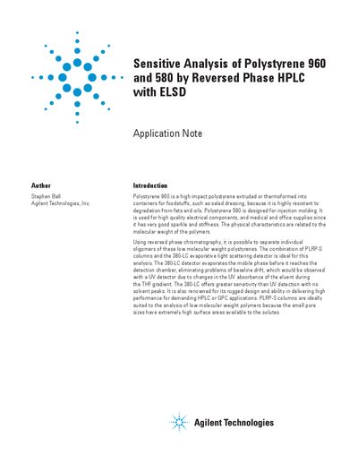 Agilent Sensitive Analysis of Polystyrene 960 and 580 Application Note - cover page