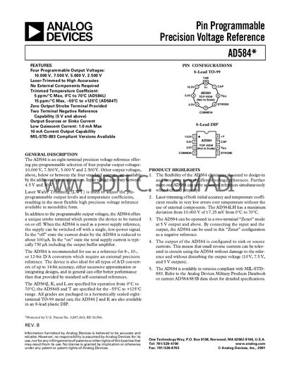 Analog Devices AD584 Precision Voltage Reference Datasheet - cover page