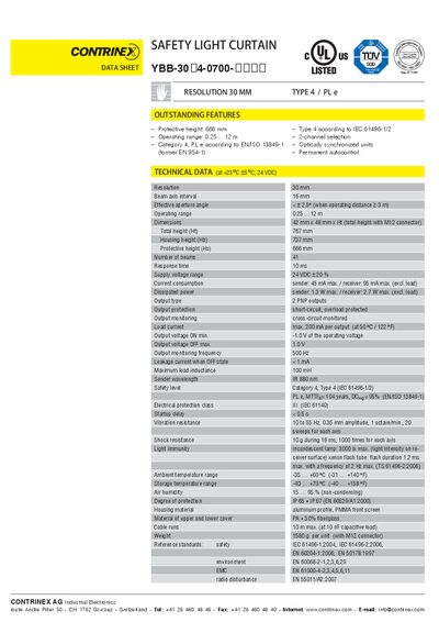 CONTRINEX YBB-30 4-0700 Safety Light Curtain Datasheet - cover page