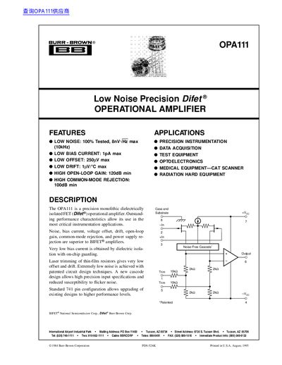 Burr-Brown OPA111 Low Noise Precision FET Operational Amplifier Datasheet - cover page