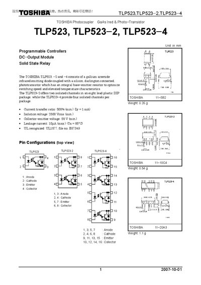 Toshiba TLP523 Photocoupler Datasheet