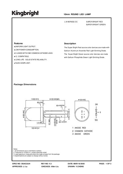Kingbright L-819SRSGC-CC 10mm Round LED Lamp Datasheet - cover page