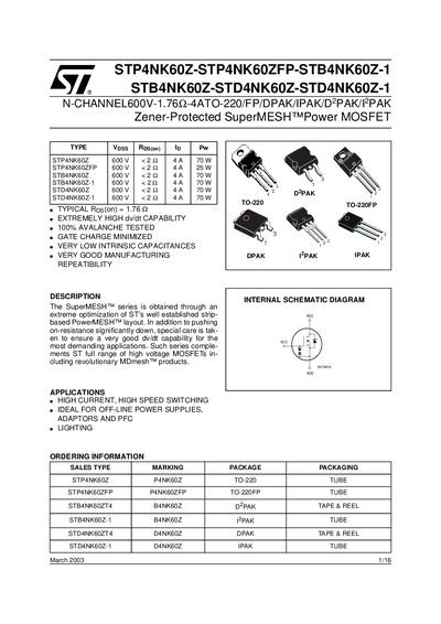 STMICROELECTRONICS STP4NK60Z-STP4NK60ZFP-STB4NK60Z-1 STB4NK60Z-STD4NK60Z-STD4NK60Z-1 Manual - cover page
