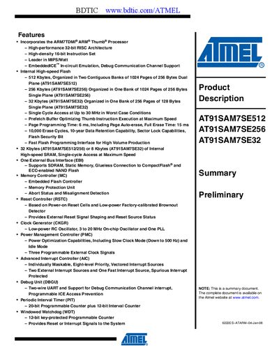Atmel AT91SAM7SE256 Microcontroller Datasheet - cover page