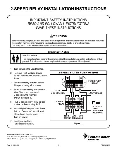 Pentair 520210 2-Speed Relay Installation Instructions - cover page