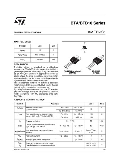 STMicroelectronics BTA/BTB10 Series Datasheet - cover page